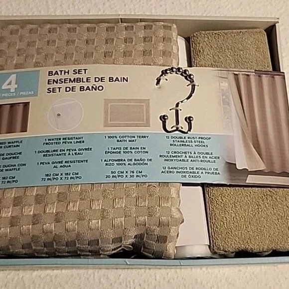 Textured Shower Curtain 4pc Set Brown Includes Liner Hooks Bath Mat, NWT - Picture 2 of 3